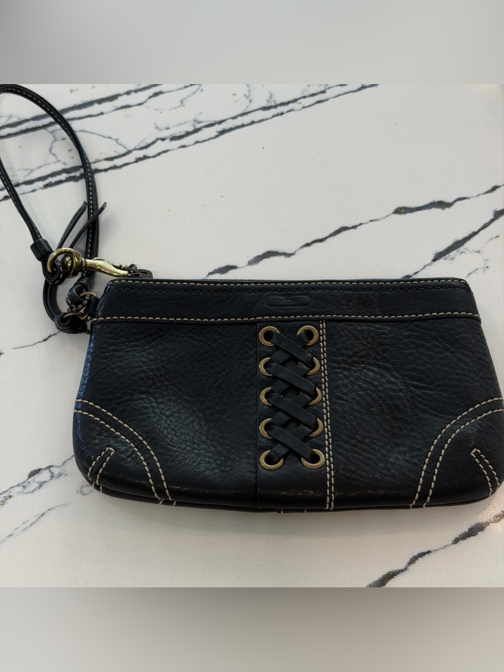 Coach Black Leather Wristlet with Brass Eyelet Lace Detail